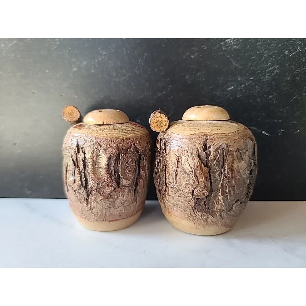 Vintage Wooden Barrel Shaped Tree Bark Salt And Pepper Shakers